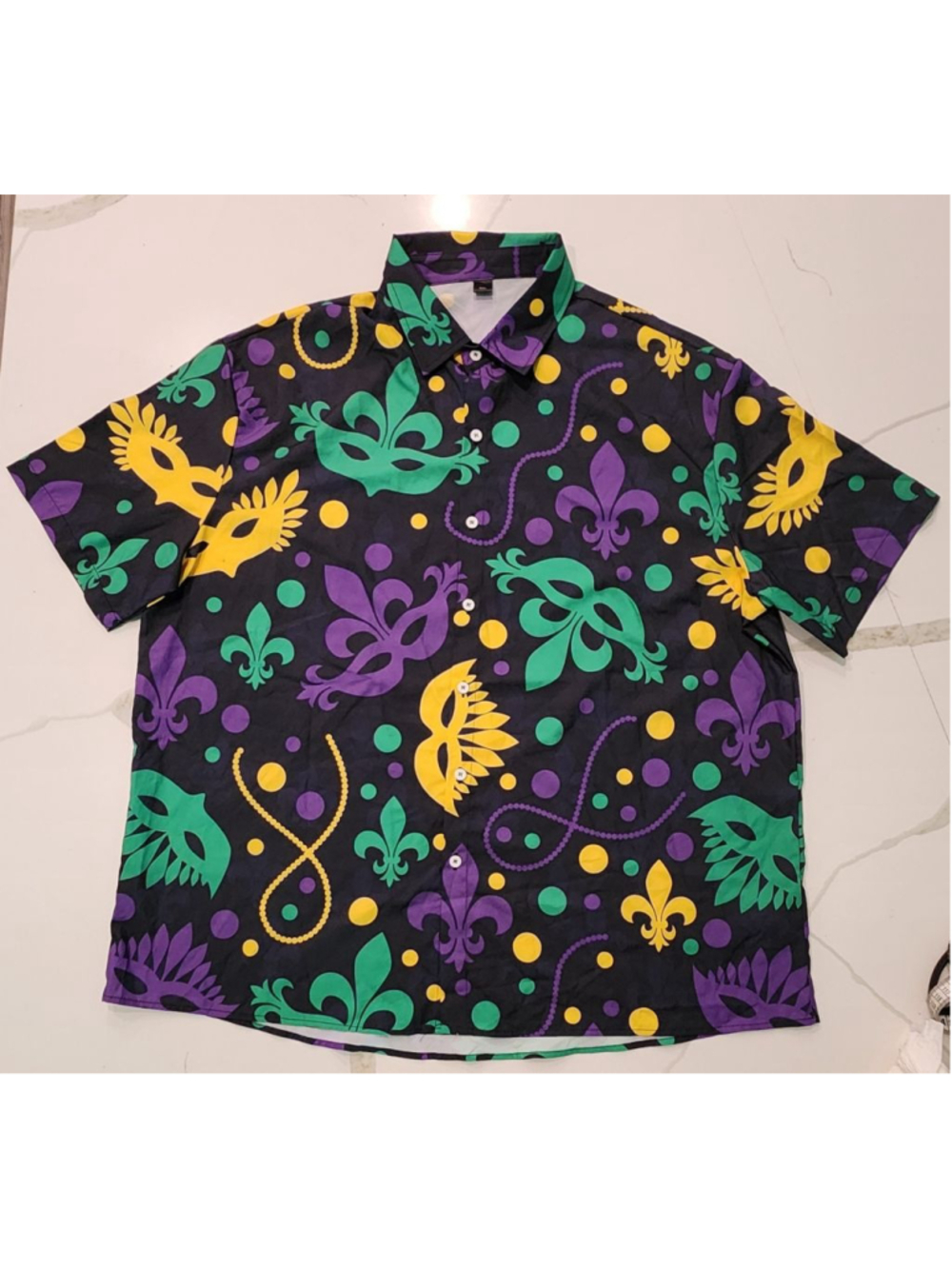 Mardi Gras Shirt Mens XL Black Button Down Short Sleeve Fleur de Lis Masks Party